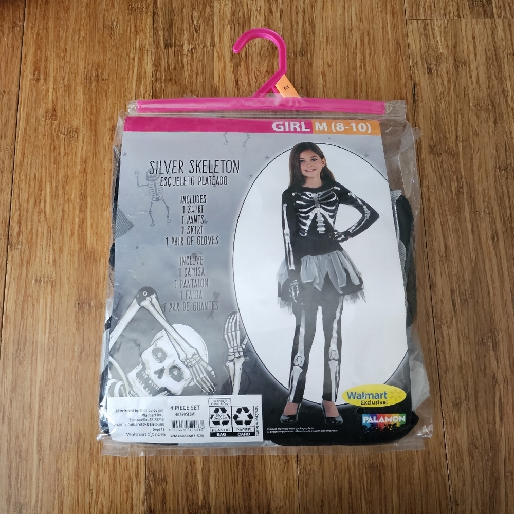 💀 New Palamon Girls Silver Skeleton Halloween Costume Set Size M 8-10 4 Piece